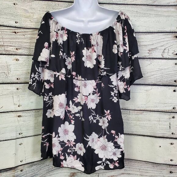 Adora Black Pink Floral Off Shoulder Blouse M Ruffle Sleeve Boho Top - Picture 3 of 6